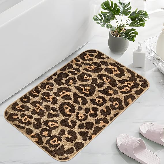 Leopard Print Bathrooom Rugs, 20"x32" Cute Animal Pattern Bath Mat, Soft Absorbent Thick Microfiber, Non-Slip Machine Washable, Funny Fluffy Bathmat for Floor Bathtub Shower (Coffee Leopard)