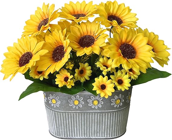 Artificial Flowers Fake Sunflowers in Pot, Faux Silk Flowers Floral Table Centerpiece Decoration, Rustic Potted Greenery for Farmhouse Home Decor