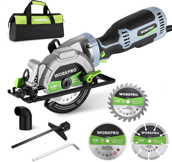 WORKPRO 5.8Amp 3500RPM Circular Saw with Parallel Guide, Maximum Cutting Depth 1-11/16''(90),1-1/8''(45), Compact Circular Saw with Three 4-1/2" Blades for Wood, PVC, Tile, Cement Block