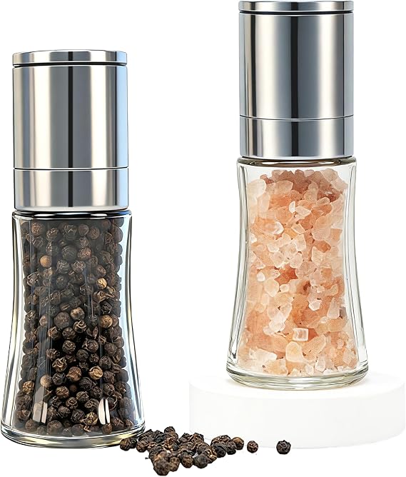 Salt and Pepper Grinder Set of 2, Pepper Mill, Sea Salt Shaker Grinder Refillable,Small Salt and Pepper Grinder Set with Stainless Steel Cap and Glass Container