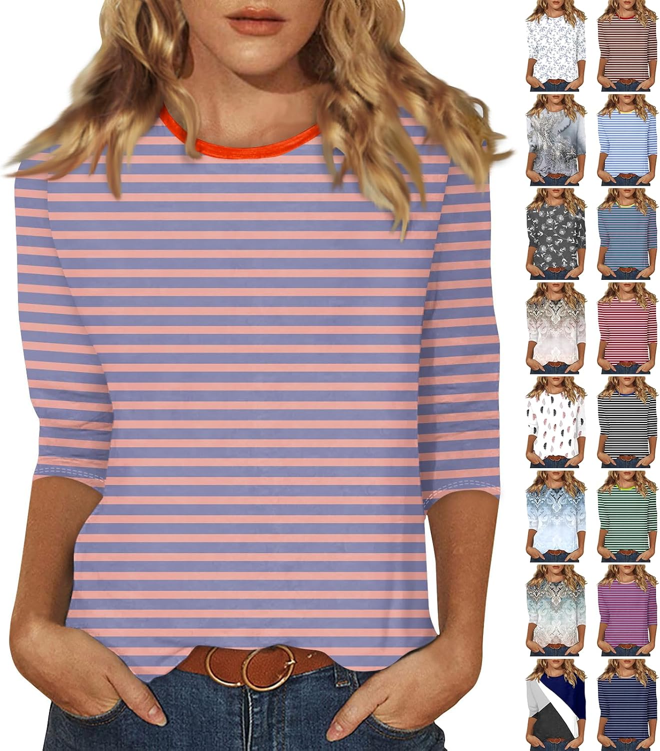 slqdgmryz 34 Length Sleeve Womens Tops Summer Three Quarter Striped Shirts Dressy Casual Printed Tunic Tops Women Blouses