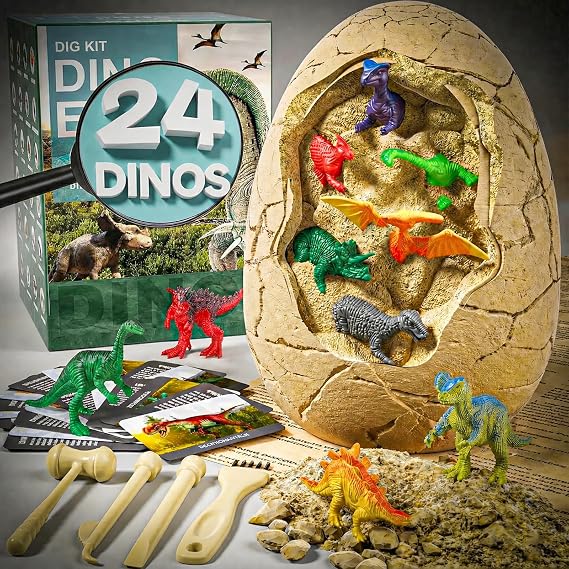24 Unique Dinosaurs Excavation Kit, Jumbo Dino Egg Dig Kit Toys | Tools & Learning Cards, STEM Science Experiments Gift for Kids 3-12 Years Old,Easter Birthday Party Favors for Boys & Girls
