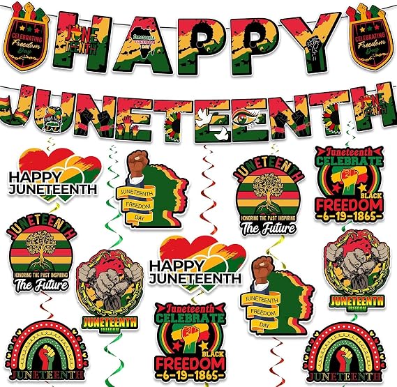 Juneteenth Decorations Banner Set Include Happy Juneteenth Banner and 12Pcs Double-Sided Print Hanging Swirl African Afro American Decorations for June 19th 1865 Independence Day