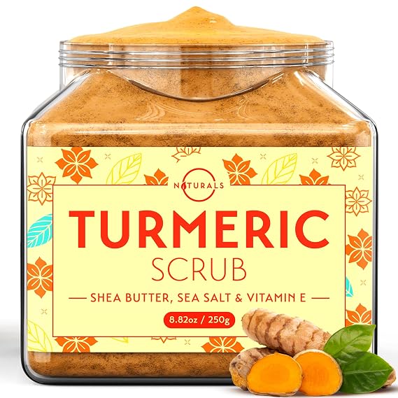 O Naturals Exfoliating Scrub, Natural Dead Sea Salt Deep-Cleansing Face & Body Scrubs. Anti-Cellulite Tones Helps Oily Skin, Acne, Ingrown Hairs & Dead Skin Remover - Turmeric and Shea Butter 8.82oz
