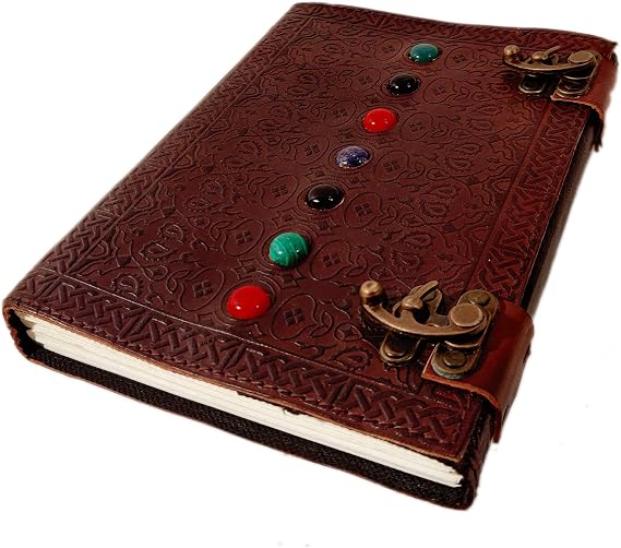 Leather Book of Shadows Journal, Supernatural Notebook with Chakra Gem Stones Healing Crystals and Latch, by AzureGreen (Brown Double Lock)
