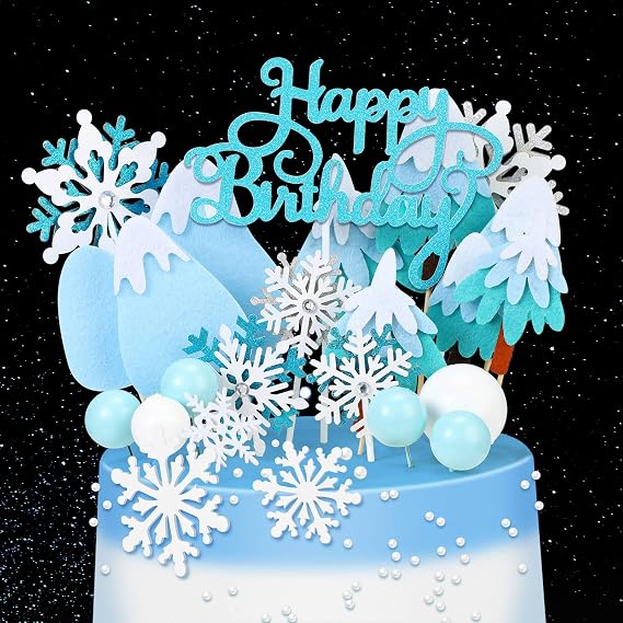 Unittype 34 Pcs Snowflake Cake Toppers Happy Birthday Cake Topper Set Winter Snowflake Party Decoration for Birthday Party Supplies