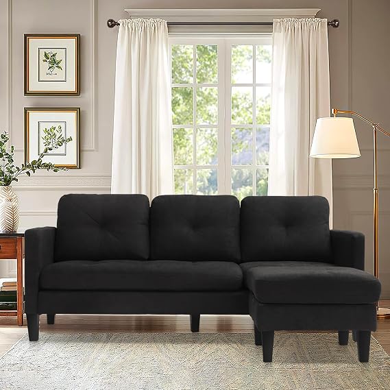 Grepatio Convertible Sectional Sofa Couch, 3 Seat L-Shaped Sofa Couch with Modern Linen Fabric for Small Space Living Room (Black)