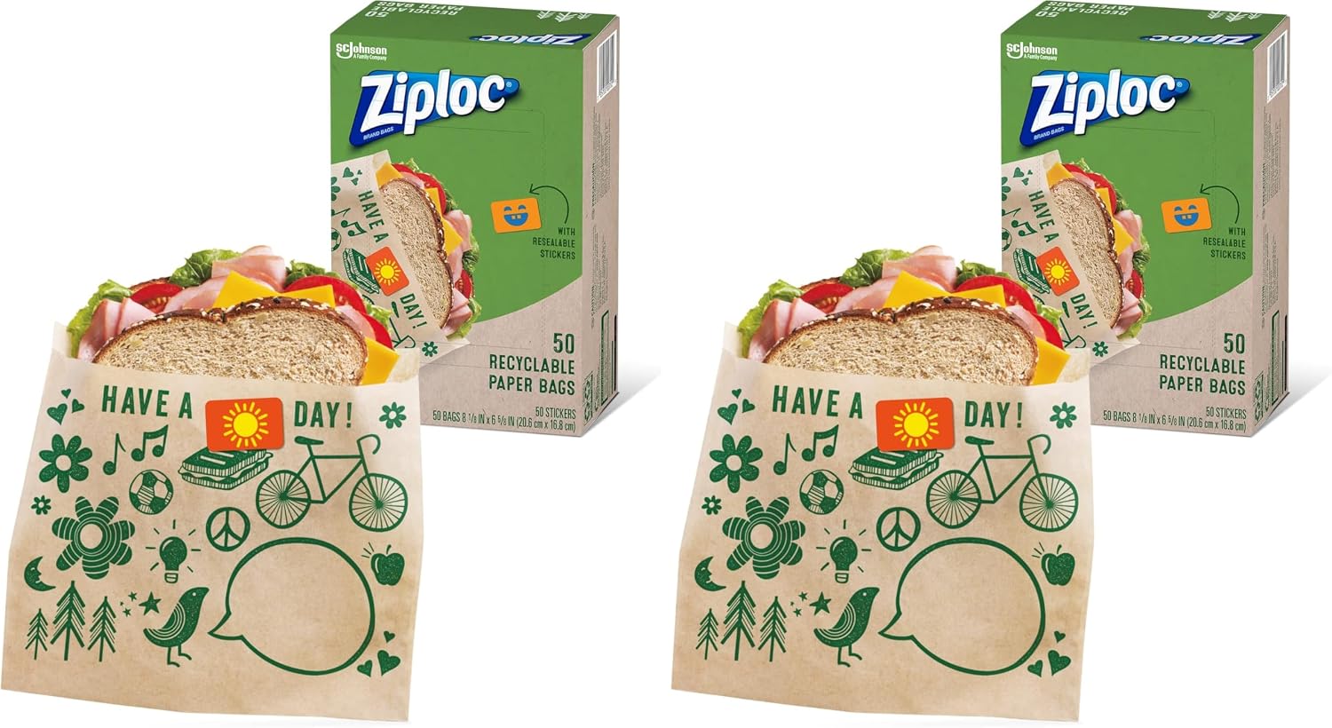 Ziploc Paper Sandwich and Snack Bags, Recyclable & Sealable with Fun Designs, 50 Count Pack of 2