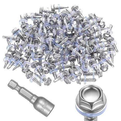 100pcs Self-Drilling Roofing Screws M4.8 x19mm, Stainless Steel 401 Hex Head with Rubber Sealing Washers, Self-Tapping for Metal Sheets, Includes 8mm Socket