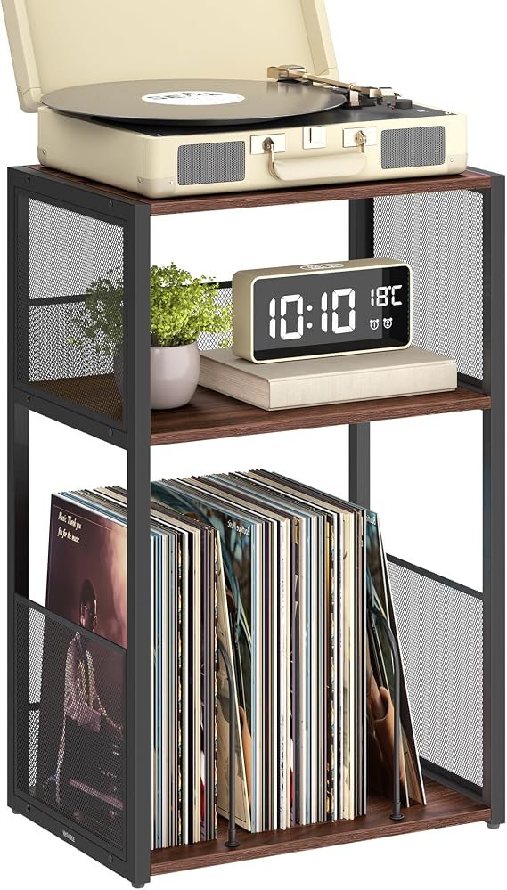 VASAGLE Record Player Stand, 3-Tier Side Table, Vinyl Record Storage up to 100 Albums, End Table for Living Room, Bedroom, Natural Walnut ULET275K02