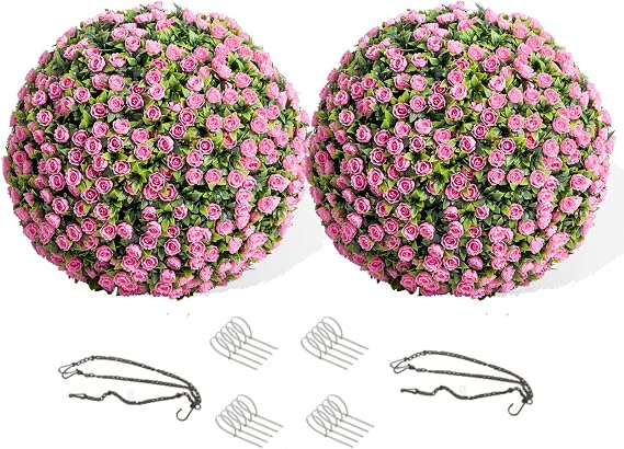21.6 Inch Topiary Balls Set of 2, Artificial Topiary Flower Balls for Home Decor,Pink Rose