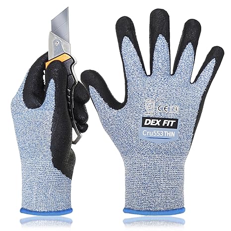 DEX FIT Level 5 Extreme Cut Resistant Gloves Cru553 Thin, Non-Slip Power Grip, Professional Grade 3D Comfort Fit, Thin & Lightweight, Breathable, Touchscreen Compatible, Itch-Free; Blue XS (6)