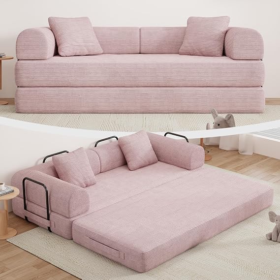77" Convertible Sofa Bed, Modular Folding Futon Corduroy Floor Foam Compressed Loveseat Sleeper Sofa Couch, Pull Out Queen Size Couch Bed with 2 Pillows for Living Room Guest Room Studio, Pink