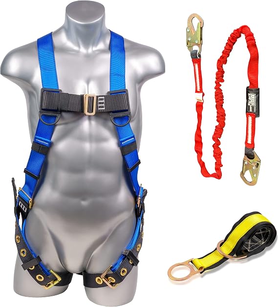 Bundle 1D Full Body Safety Harness 6' Safety Lanyard 4' Anchor Strap I OSHA Compliant Arrest Kit I Ideal for Construction & Scaffolding Use