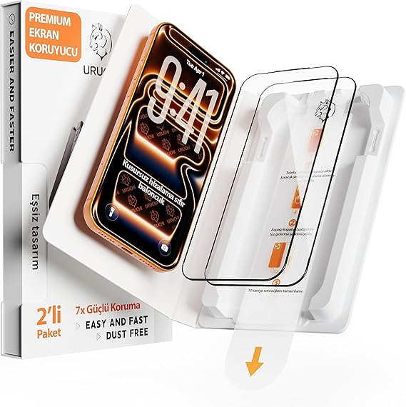 URUCHI Premium iPhone 17e / 16e / 14/13 Pro ve 13 Ekran Koruyucu 2'li Paket, Ultra HD Netlik & İnce Siyah Çerçeve, 9H+ Kırılmaz Cam, Tam Kaplama, UltraFit Kurulum Aparatı
