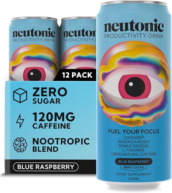 Neutonic Nootropic Productivity Energy Drink | Blue Raspberry 12 Cans | 120mg Natural Caffeine, Zero Sugar | Support Energy, Mental Performance, Cognitive Function | Support Focus, Brain Health