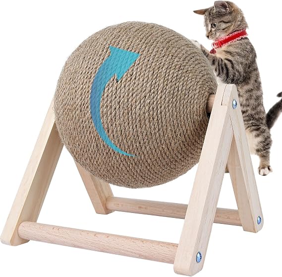 BATTIPAW Cat Scratcher Spinning Ball, Sisal & Wood | Interactive toy for cats & kittens, natural sisal, solid wood, burlywood, indoor play