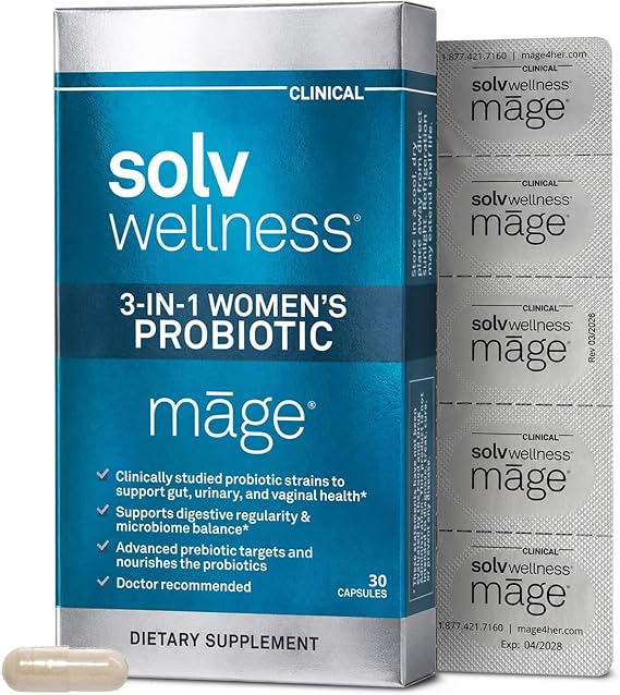Solv Wellness Mage Probiotic for Her, Daily Womens Prebiotic and Probiotics Blend Nutritional Supplements for Digestive, Vaginal PH Balance, Urinary Tract Health Support, 30 Capsules