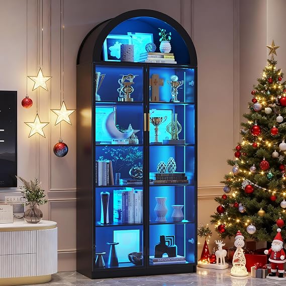 Arched Display Cabinet with Doors, 76" Tall Curio Cabinet with Adjustable Shelves/3 Colors LED Lights, 6 Tier Display Case for Collectibles Bedroom Living Room Office, Black