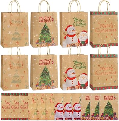 BOLZRA Kraft Christmas Gift Bags with Handles, 10.6x4.4x8.7 Christmas Kraft Paper Prints with Xmas Tree, Snowman, Santa Claus for Presend Wrap Goody Bags, School Party Favors, 20Pack