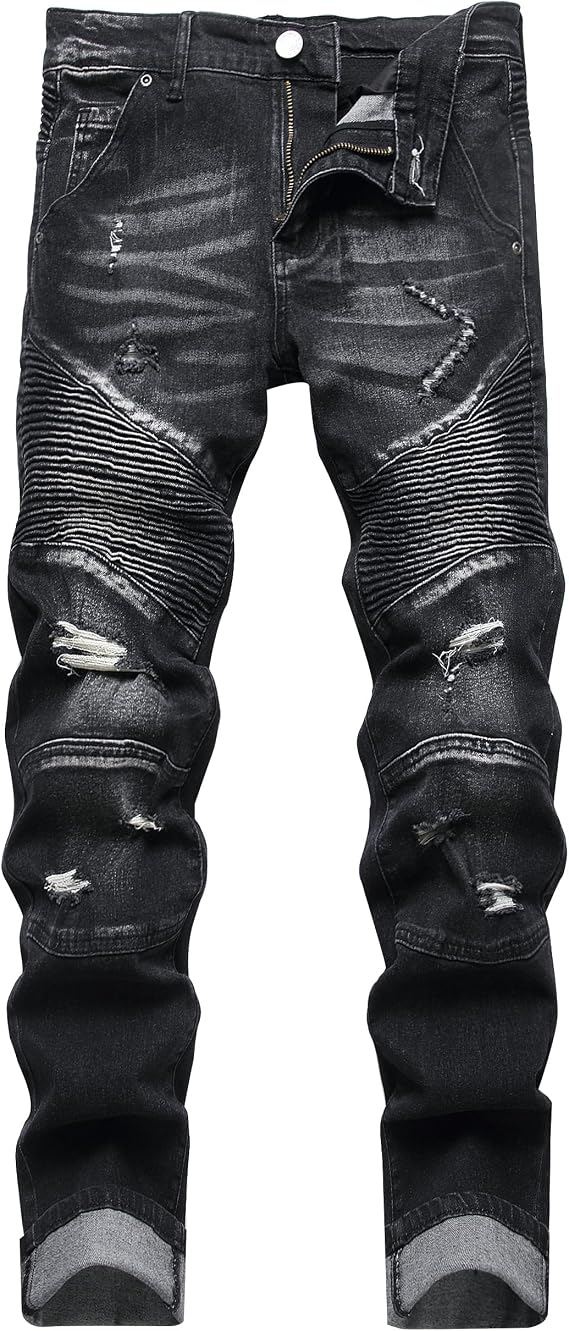 XIMXIMMTIAN Men's Biker Moto Washed Distressed Slim Fit Straight Jeans Denim