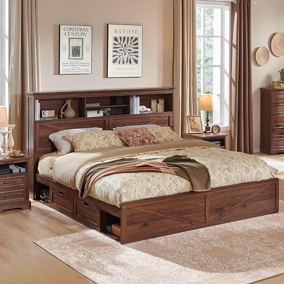 Farmhouse King Size Bed Frame with 52" Tall Storage Headboard and LED Light,Wood Platform Bed Frame with 4 Drawers and Charging Station,Solid Wood Slats Support,No Box Spring Needed,Brown