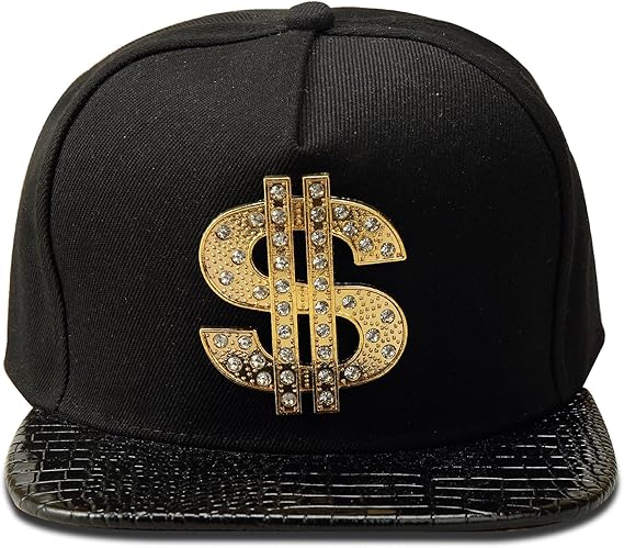 Snapback Cap Men's Hip-hop Flat top Brimmed hat, Flat Brim hat Dollar Sign hat, Faux Leather Brim Hip-hop Beanies Hats
