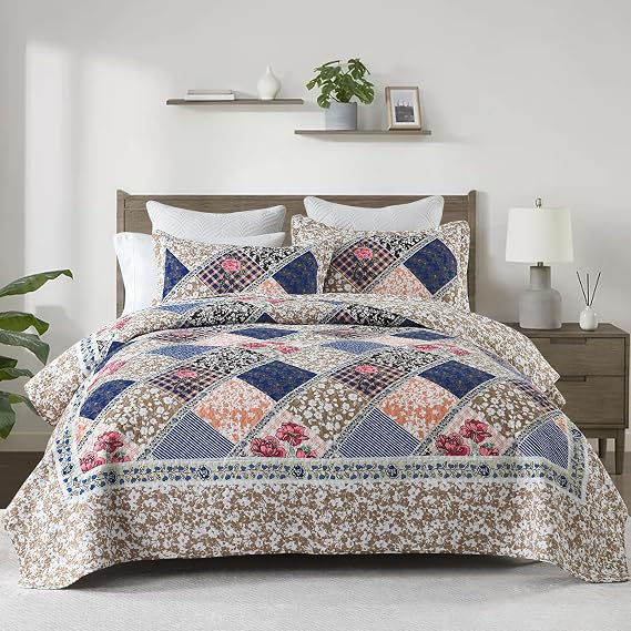 DDUOXIN Floral Oversized King Bedspread 128"x120" - 100% Cotton Reversible California King Quilt with 2 Pillow Shams, Farmhouse Bedspreads Lightweight Bedding Set, Navy Brown, 3 Piece