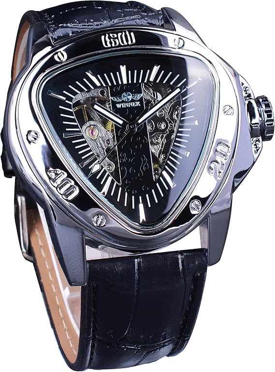 Winner Fashion Men's Triangular Racing Dial Waterproof Gold Skeleton Dial Automatic Leather Mechanical Watch