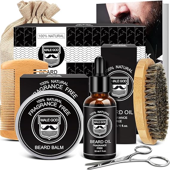 MALE GOD Beard Kit for Men's Grooming & Care, Natural Ingredients Beard Oil, Balm, Brush, Comb, Stocking Stuffers for Adult Men, Chirismtas & Birthday Gifts for Men Dad Him Husband Boyfriend Brother