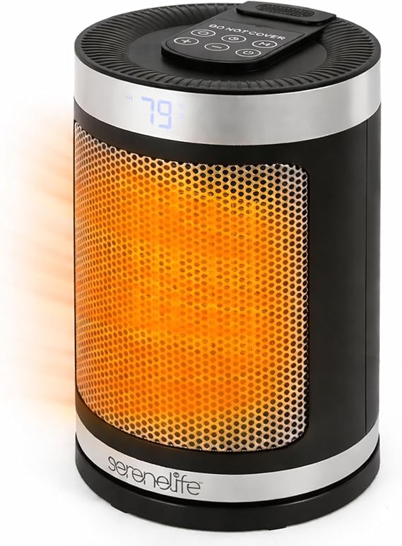 SereneLife Smart Space Heater 1500W Indoor Electric Heater with Thermostat, Remote Control, 12-Hour Timer, Wi-Fi Enabled PTC Ceramic Heating for Home and Office, Black (5.9" x 5.9" x 9.5")