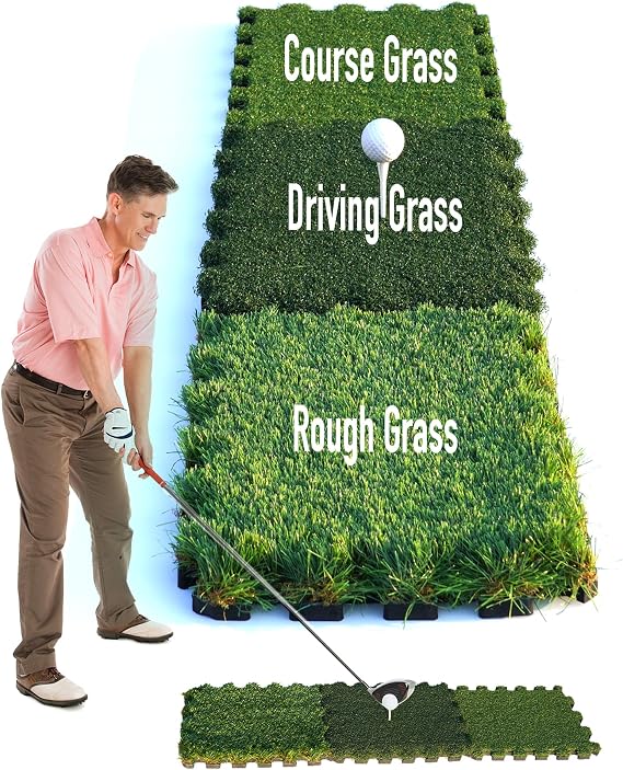 GAIARENA Tri-Turf Golf Hitting Mat Premium Indoor/Outdoor/Backyard Golfing Practice Mat for Home Golf Simulators, Thick EVA Foam Base & Tri-Turf Tiles Rough Driving Course Grass, Gift for Avid Golfers