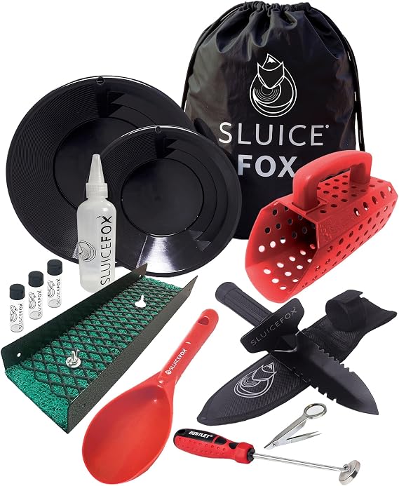 Sluice Fox Beach Gold Digger Set Gold Pan Kit, Serrated Digger, Pocket Sluice, 35lb Black Sand Magnet, 9" Vanishing Riffle Gold Pan, Sand Sifter Scoop, Snifter Bottle & Vials