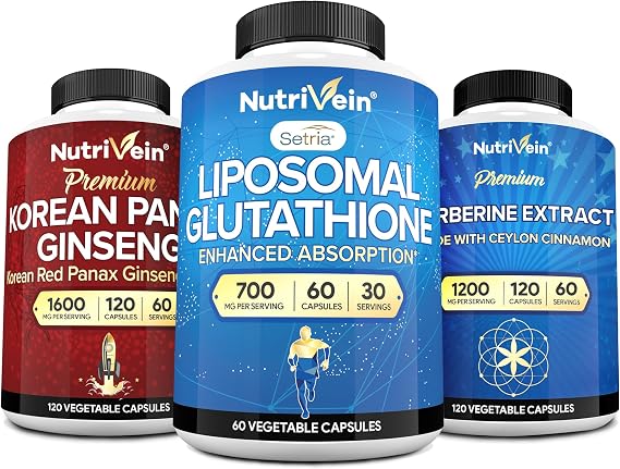 Nutrivein Premium Liposomal Glutathione Supplement, Korean Panax Ginseng Supplement, and Berberine Supplements Bundle: Reduced Glutathione, Berberine Complex, Red Ginseng for Vitality & Wellness