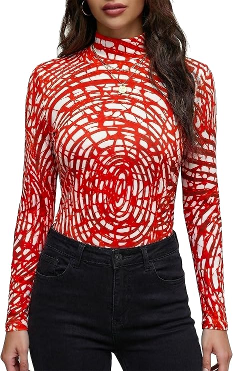 stylewe Mock Neck Long Sleeve Shirts for Women Abstract Graphic Print Pullover Top Chic Fall Outfits