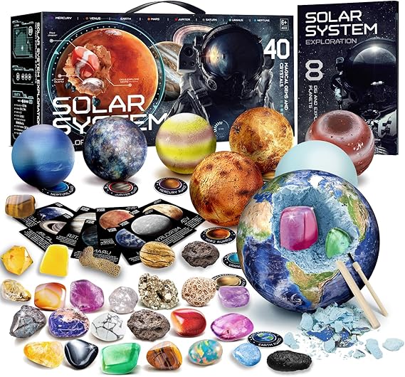 EDUMAN Gemstone Dig Kit - Dig up 40 Real Gems & Crystals with Mining Tools, Solar System 8 Planets Science Kits for kids age 6-13, STEM Science Educational Toys, Space Toys Gift for Boys and Girls