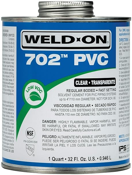 Weld-On 10975 702 PVC High-Strength Solvent Cement, Clear, 1 Quart