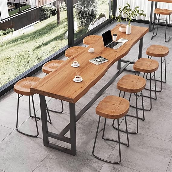 Solid Wood Rectangle Bar Height Table Irregular edges Modern outdoor Rectangular Bar Table With metal base Solid Wood Industrial Counter Height Kitchen Dining Table Balcony Railing Table,Table Only(12