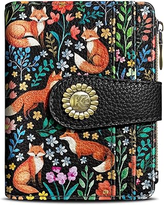 Cute Floral Fox Flowers Boho Small Rfid Women Wallet Bifold Zipper Coin Pocket PU Leather Compact Cash Credit Card Holder Travel Wallet for Female Ladies Teen Girls 1 ID Window 10 Card Slots
