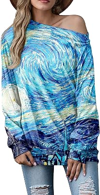 ENLACHIC Womens Van Gogh Print Off Shoulder Top Long Sleeve Boat Neck Blouse