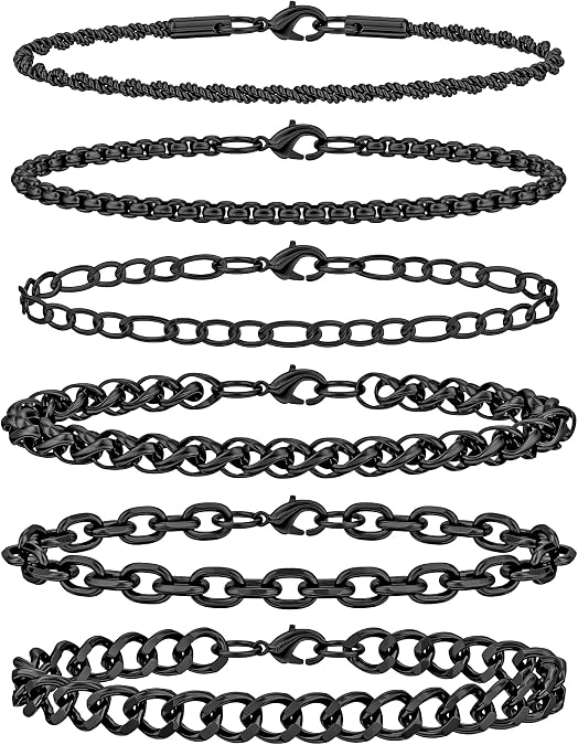 6PCS Stainless Steel Bracelets for Men Women, Silver Gold Black Cuban Link Rope Box Wheat Chain Paperclip Figaro Jewelry Set, 7/8/9 Inches