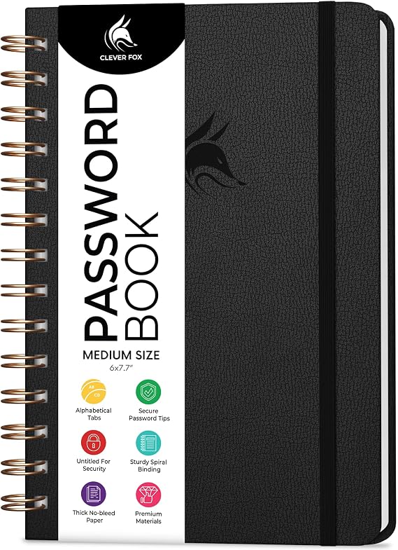 Clever Fox Password Book Keeper Notebook, Spiral-Bound Medium Black