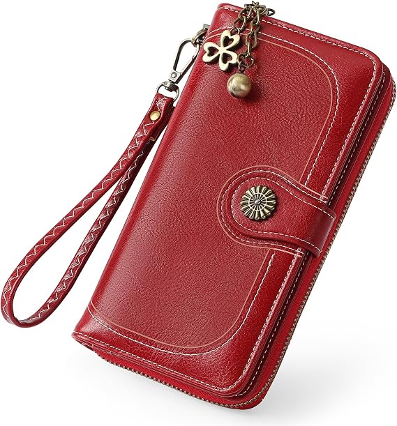 Womens Wallet RFID Blocking Large Capacity Long Ladies Purse with Multiple Card Slots Zipper Coin Purse and Detachable Wrist Strap
