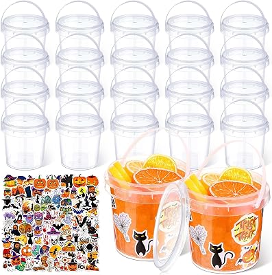 Sliner 20 Pcs 34 oz Halloween Candy Bucket Small Halloween Pail 100 Horror Stickers Halloween Cocktail Rum Buckets with Lid and Handle for Halloween Candy Drinks Food Container