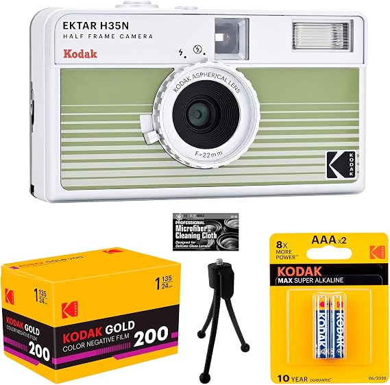 Kodak Ektar H35N Half-Frame Film Camera (Striped Green) with Eastman Kodak Premium Gold Film + Tabletop Tripod + Batteries + Microfiber Cleaning Cloth