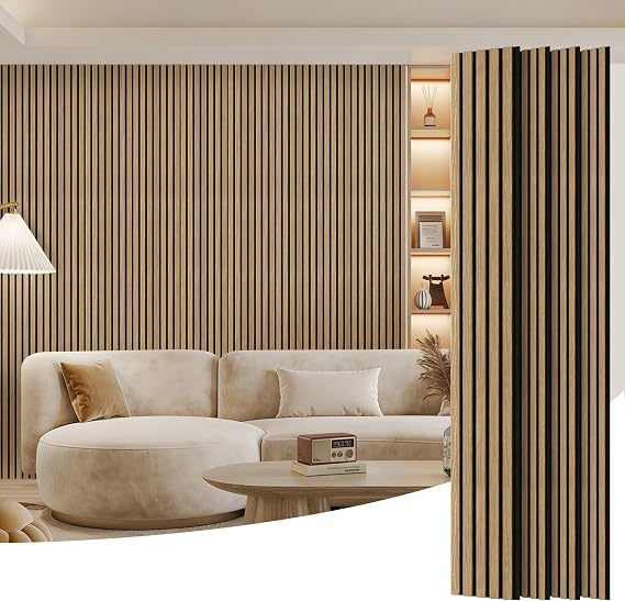 4 Pack Wood Panels for Wall, 96" x 8" Wood Slat Acoustic Panels, Acoustic Wall Panels for Interior Wall Decor, Sound Absorbing Wall Panels for Noise Reduction and Decoration, Ashen Oak