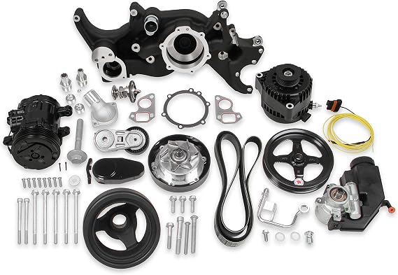 Holley LS Swap Complete Front Accessory Serpentine Drive System, Mid-Mount with Water Pump, Alternator, A/C & Power Steering, Gen III/IV 4.8/5.3/LS1/LS2/LS3/LS6 Black Finish 20-185BK