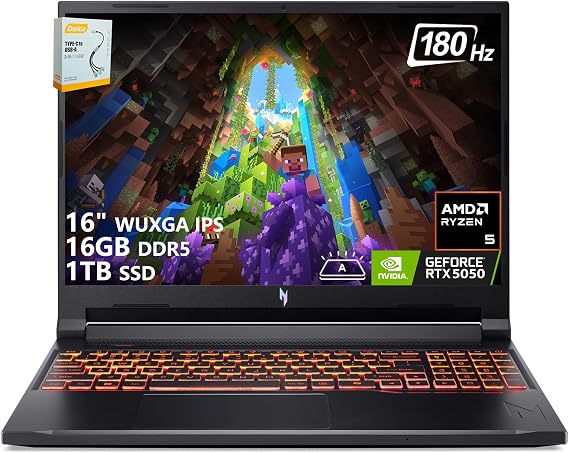 Acer Nitro V 16 AI Gaming Laptop | 16" WUXGA IPS 180Hz | AMD Hexa-Core Ryzen 5 240 | 16GB DDR5 1TB SSD | GeForce RTX 5050 8GB DLSS4 (Up to 440 AI Tops) | Backlit Keyboard Win11 w/DLCA Accessory