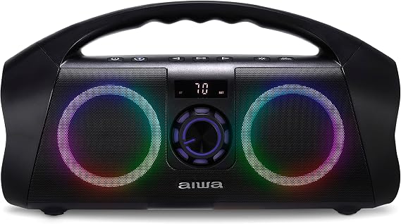 AIWA Portable Boombox - Waterproof Bluetooth Speaker, Rechargeable Wireless Boombox with Multi Color LED Lighting and Digital Display, AUX Input and Carry Handle, 15 Hour Playtime