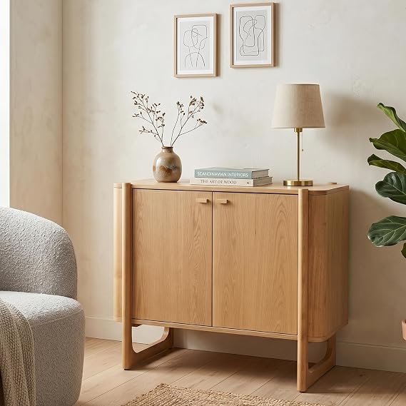 Apollo Solid Wood Accent Cabinet & Media Console, Light Oak | Mid-century modern buffet, soft-close hinges, adjustable shelves, solid wood legs, living room, entryway, TV stand